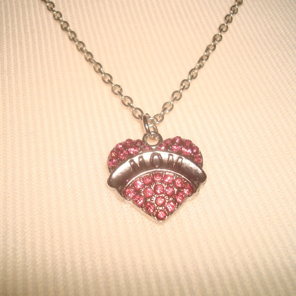 Heart Necklace Pink Rhinestones MOM